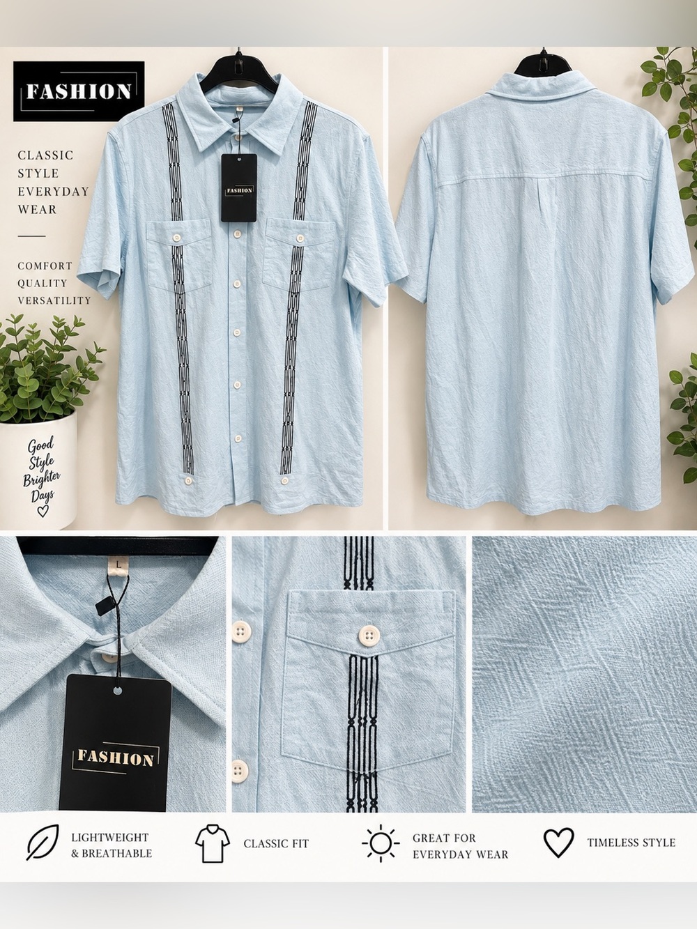 Nwt Men’s Light Blue Embroidered Short Sleeve Button Down Shirt Size L